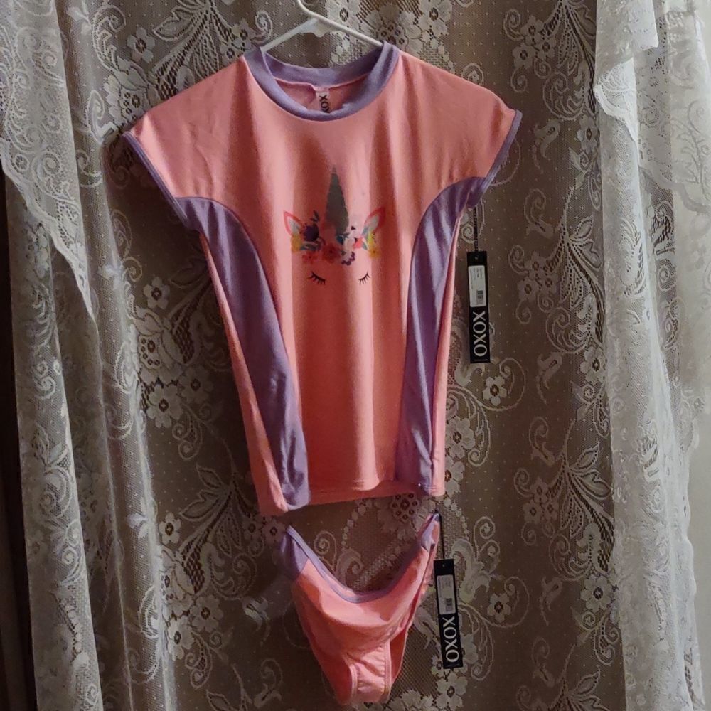 New XOXO Girls 12‎ 14 pink purple unicorn two piece tankini swimsuit